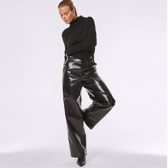 NOLI Croco Effect Faux Leather Wide Leg Pants Crocodile Black Size 0 - Picture 1 of 5